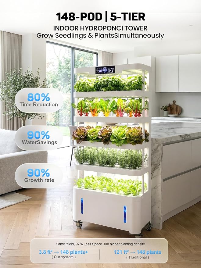 Large Hydroponics Growing System, 148-Pod Vertica Hydroponic Tower Garden | Smart Climate Control, Full-Spectrum Grow Lights, Auto Misting, Quiet Pump, 30-Day Self-Managed for Home & Commercial