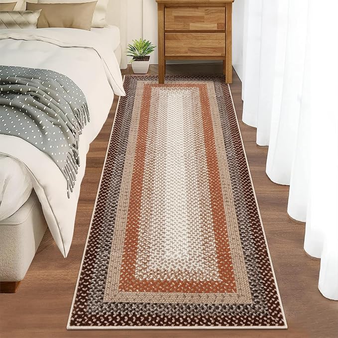 RUGSREAL Hallway Runner Rug 2x6 Braided Machine Washable Kitchen Rugs | Low Pile Farmhouse Runner Non Slip Stain Resistant Rustic Runners Modern Printed Carpet for Living Room Bedroom, Brown/Rust
