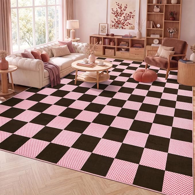 GarveeHome Checkered Brown Pink 8x10 Washable Rug for Living Room Bedroom | Pink Rug for Girl Room Nursery Large Rug for Dinning Room Low-Pile Non-Slip Soft Stain Resistant Geometric Rugs TPE Backing
