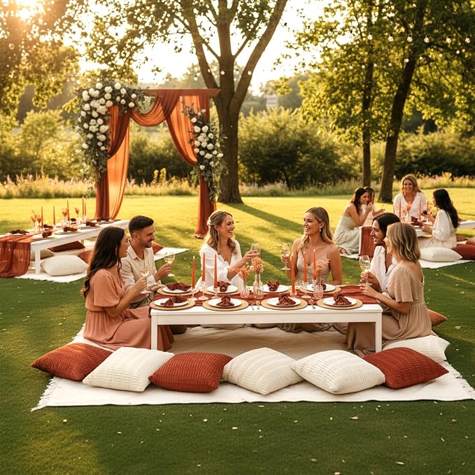 Beeveer 14 Pack Picnic Kit 91 x 71 Inch Extra Large Outdoor Boho Picnic Blanket with Terracotta Table Runner, 6 Throw Pillow Cover 6 Napkin Woven Cotton Yarn Washable Beach Blanket for Camp Wedding