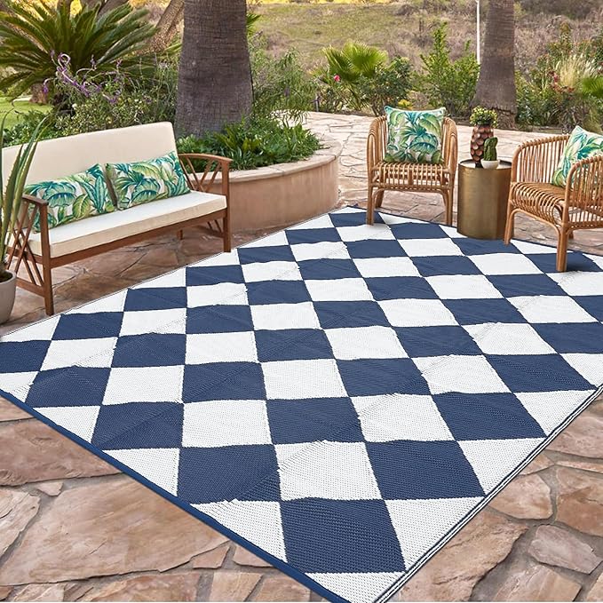 Garvee 8x10 Outdoor Rug Waterproof Plastic Straw Rug Outdoor Patio Rugs Reversible Mat Easy Clean Foldable Lightweight Large Area Rugs for Patio Porch Backyard Camping RV Beach Balcony Checkered Navy