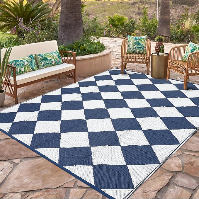 Garvee Outdoor Rug 9x18 Outdoor Patio Rug Reversible Plastic Straw Rugs Waterproof Foldable Mat Easy Clean Lightweight Carpet for Backyard Camping Porch RV Beach Balcony Deck Picnic Checkered Navy