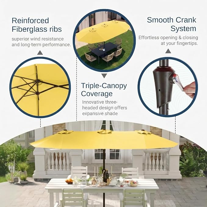 15FT Large Patio Umbrella with Base Included, Double Sided Outdoor Market Umbrella with Flexible Fiberglass Ribs, UV-Blocking Extra Large Umbrella for Garden, Pool, Deck, Sunshine Yellow