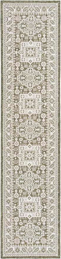 Unique Loom Outdoor Aztec Collection Area Rug - Chalca (2' 7" x 12' 2" Runner, Green/ Ivory)