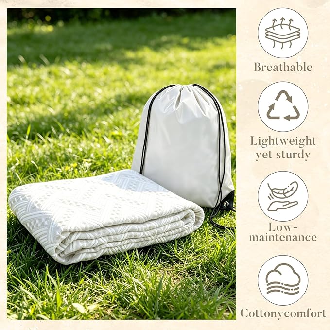 91'' x 71''Extra Large Outdoor Boho Picnic Blanket,Woven Cotton Yarn Blanket with Fringe for Boho Decor Camping Lawn Wedding Photoshoot Beach Park Grass (White)