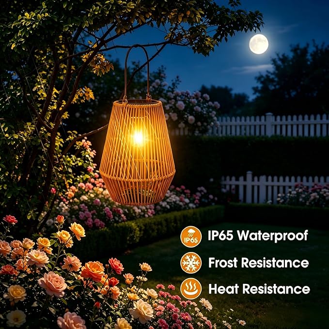 Solar Lanterns Outdoor Waterproof, KagoLing Solar Lanterns Outdoor Gifts for Women Mom Grandma Hanging Solar Lights Outdoor Handwoven Rattan Garden Decor for Outside, Patio, Yard, Porch, Lawn, 2 Pack