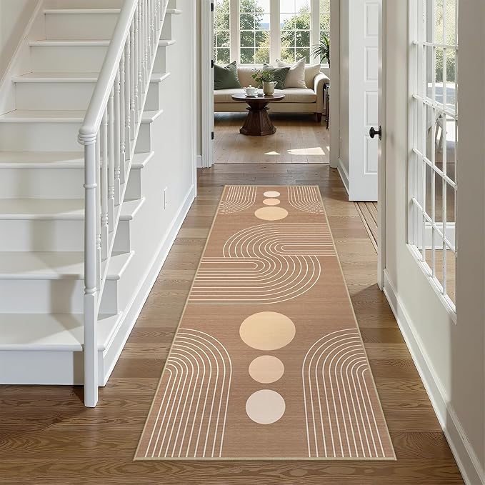 Boho Runner Rug 2x6 Modern Geometric Abstract Rug for Hallway Kitchen Bedroom Brown Mid Century Modern Runner Machine Washable Non-Slip Printed Low-Pile Long Floor Carpet for Bathroom Laundry Brown