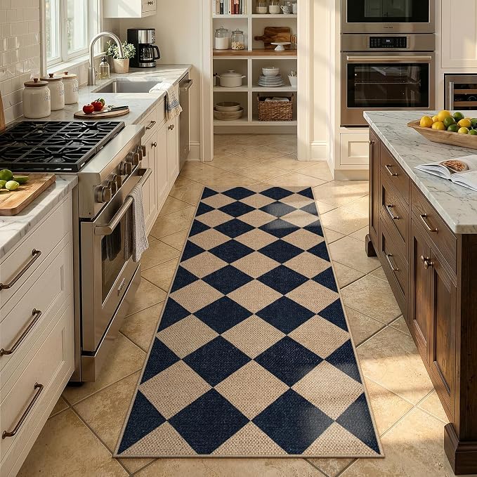 Lahome Checkered Easy Jute Non Slip Runner Rug, 2x6 Kitchen Runner Rug Washable Outdoor Rug for Entryway Indoor, Checkerboard Black Indoor Outdoor Carpet for Hallway 6ft Entry Front Door