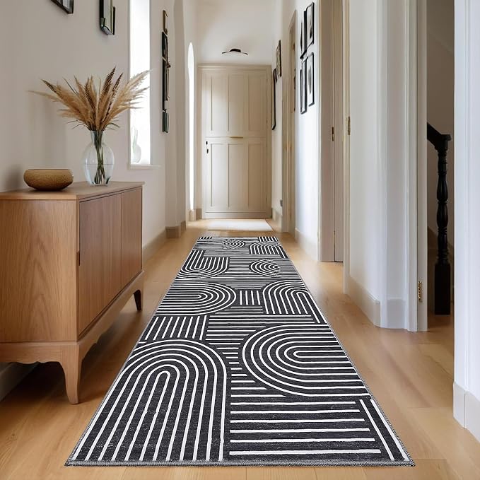 ROYHOME Modern 2.5x8 Hallway Runner Rug Non Slip Soft Kitchen Rug, Black | Abstract Washable Mat, Rainbow Geometric Runners Rugs for Bedroom, Long Rugs for Entryway Arch Pattern Bathroom Laundry Dorm