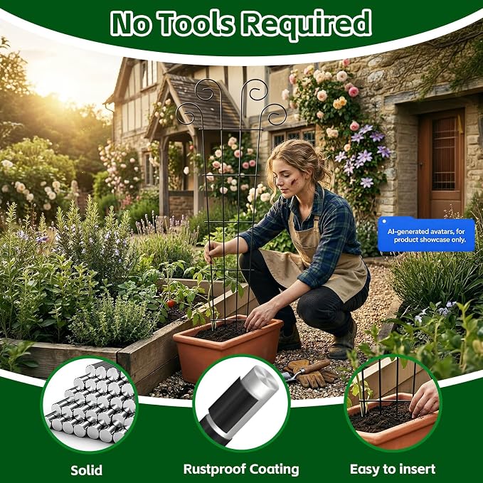Thealyn 4 Pack 56 Inch Plant Trellis for Potted Plants, Metal Garden Trellis for Climbing Plants, Indoor Outdoor Decorative Vine Support for Pots, Wave Shape, Black