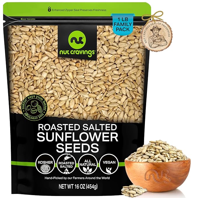 NUT CRAVINGS - Roasted Salted Sunflower Seeds Kernels to eat, No Shell Hulled (16oz - 1 LB) Packed Fresh in Resealable Bag - Healthy Protein Food Snack, Food Assortments