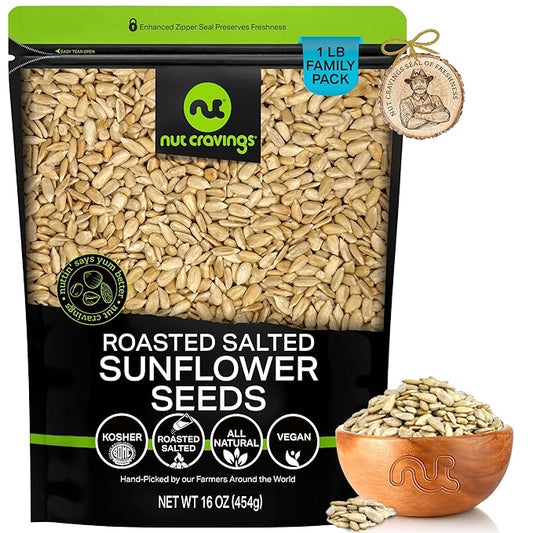 NUT CRAVINGS - Roasted Salted Sunflower Seeds Kernels to eat, No Shell Hulled (16oz - 1 LB) Packed Fresh in Resealable Bag - Healthy Protein Food Snack, Food Assortments