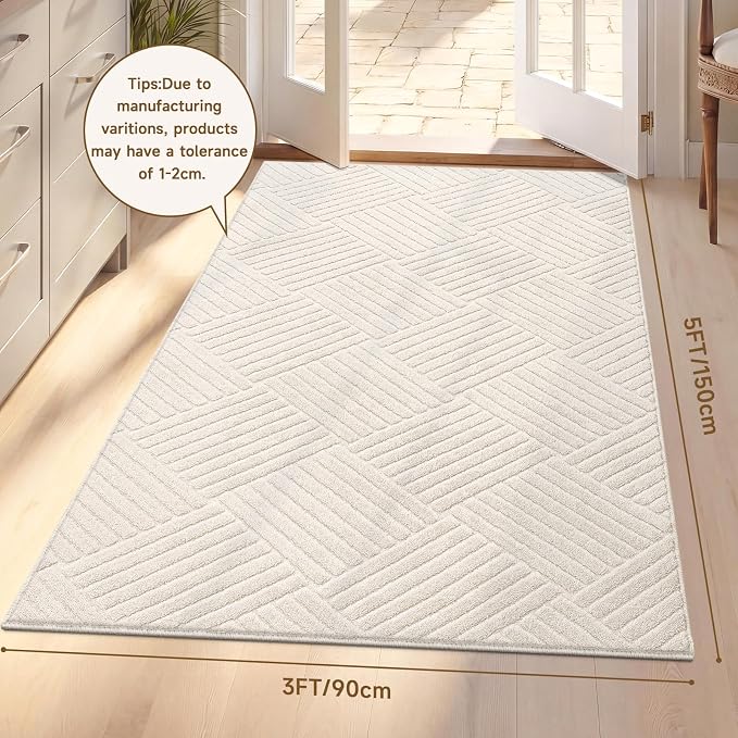 3x5 Living Room Area Rug, Beige Soft Geometric Fluffy Bedroom Mat | Washable Modern Indoor Floor Mat, Non Slip Shaggy Boho Accent Throw Carpet for Office, Dorm, Nursery and Dining Room