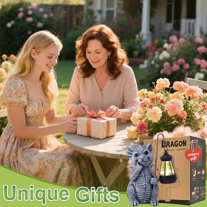 Qeeman Solar Dragon for Garden Decor: Weatherproof Resin Statues | Warm Glow Lantern Outdoor Decoractions for Yard Pathway Patio Porch Balcony Front, Gifts for Mom Grandma Lovers