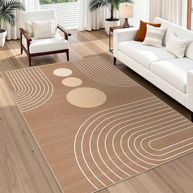 Area Rug 5x7 Boho Modern Minimalist Geometric Abstract Rug Brown Mid Century Modern Rug for Living Room Machine Washable Non-Slip Printed Low Pile Indoor Carpet for Bedroom Dining Room Office Brown