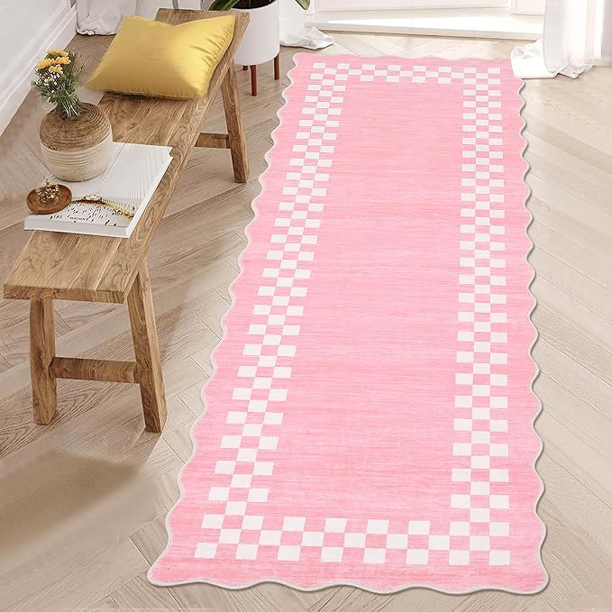 GarveeHome Rug Runners for Hallways 2x8 Washable Kitchen Runner | Non Slip Low Pile Bedside Throw Carpet Modern Bordered Bathroom Checkered Rug for Living Room Bedroom Entryway Nursery, Pink