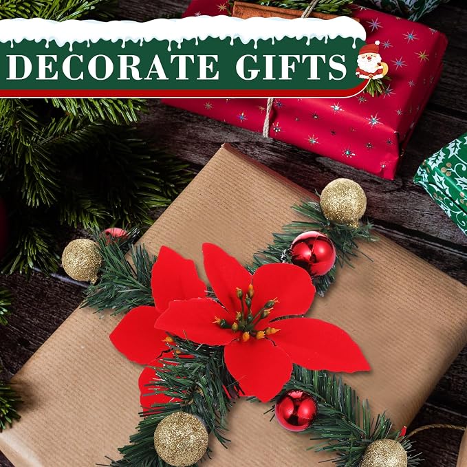 Zhengmy 30 Pcs 20 Inch Christmas Garland Ties with Poinsettia & Ornaments, Decorative Twist Tie for Banister Flexible Pine Stems for Christmas Stairs Railing Banister Decor DIY Craft Gift Wrapping