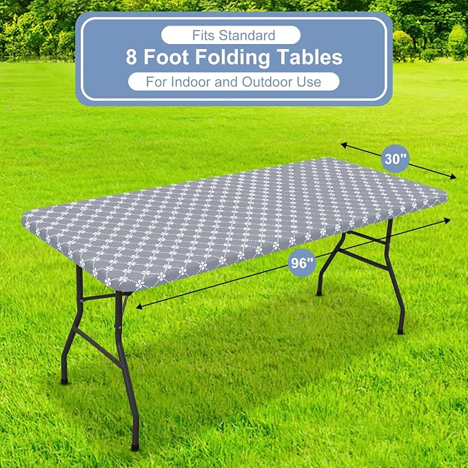misaya 2 Pack Rectangle Vinyl Table Cloth, Elastic Fitted Tablecloth with Flannel Backing, Waterproof Plastic Table Cover Fits 8 Foot Folding Tables for Picnic, Camping and Outdoor (Grey, 30" x 96")
