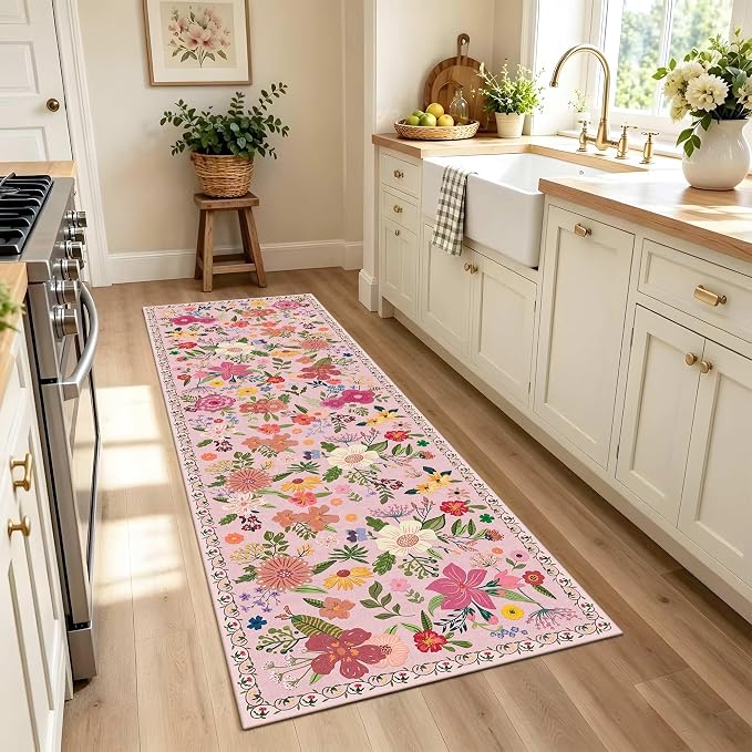 Latte&Fog Washable Hallway Runner Rug 2x6 Non Slip Pink Rugs for Kitchen | Low Pile Soft Cute Throw Rug Doormat for Entrance Bathroom Laundry Bedside Bedroom Nursery Playroom Hallyway Dorm Office