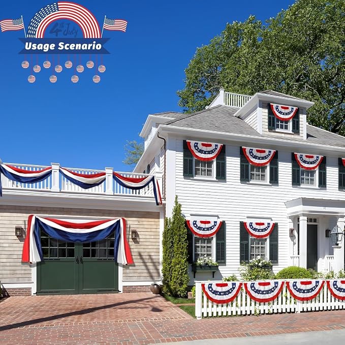 6Pack American Bunting Flags for 4th of July Patriotic Decor 1.5x3Ft Pleated Half Fan Bunting 250th Anniversary Outside Porch USA Flag Garden Embroidered Star Red White & Blue Stripe Banner