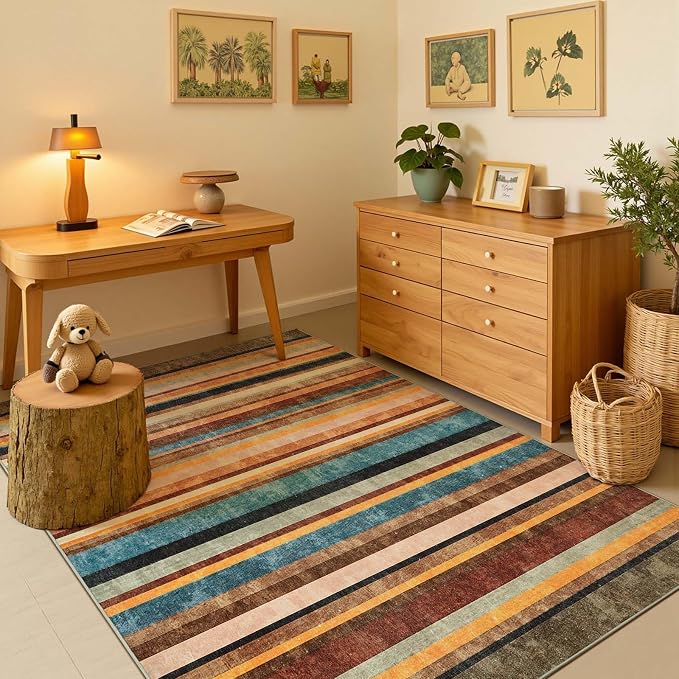 jinchan 5x7 Area Rug Modern Striped Rug Washable Living Room Rug, Pine Dawn | Non-Slip, Thin, Lightweight, Low Pile, Decor Carpet, Modern, Entrance, Entryway, Bedroom, Kitchen, Dining Room, Home Office