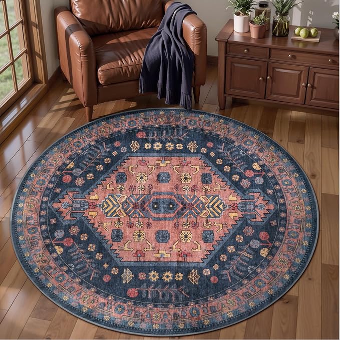 Ciicool 4ft Round Area Rug for Entryway,Washable Soft Circle for Kitchen | Vintage Non-Slip Low-Pile Oriental Indoor Mat Soft Boho Entry Carpet for Bedside Living Room Laundry Bathroom Dining Room