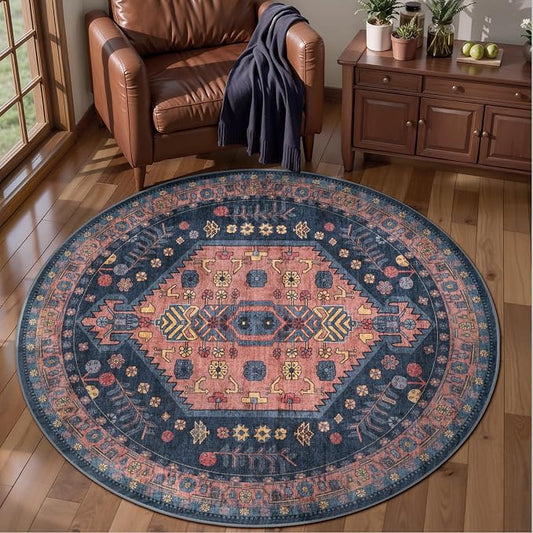 Ciicool 4ft Round Area Rug for Entryway,Washable Soft Circle for Kitchen | Vintage Non-Slip Low-Pile Oriental Indoor Mat Soft Boho Entry Carpet for Bedside Living Room Laundry Bathroom Dining Room