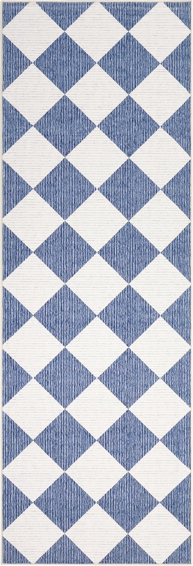 GarveeHome Checkered Rug Runners Hallway 2x6 Navy Blue Kitchen Runner | Non Slip Soft Diamond Print Entryway Rug Thin Laundry Mat Stain Resistant Carpet for Bedroom Bathroom Beside