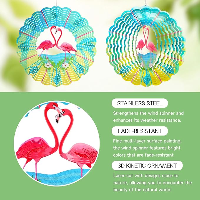 Flamingo Wind Spinners Garden Yard Decor Gift for Women Men, 12 Inch Outdoor Metal 3D Wind Spinner, Stainless Steel Hanging Wind Catchers Kinetic Sculpture for Outside Decoration