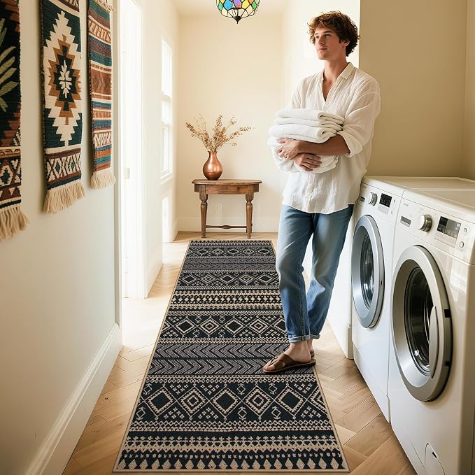 Lahome Boho Kitchen Runner Rug, 2x8 Easy Jute Laundry Room Rug | Black Distressed Print Geometric Stain Resistant Indoor Outdoor Runner for Hallway