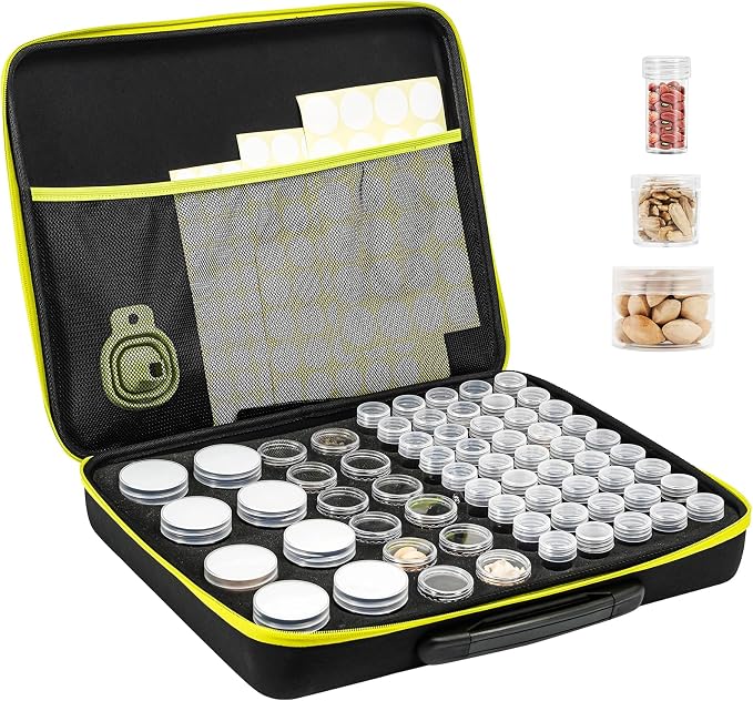 ProCase 65 Slots Seed Storage Organizer Sorter Box, Sturdy Seed Bank Saving Kit Container for Garden Vegetable Plant Flower, Seed Keeper Set with Label Stickers Funnel 3 Size of Bottles 1 oz 3 oz 5 oz