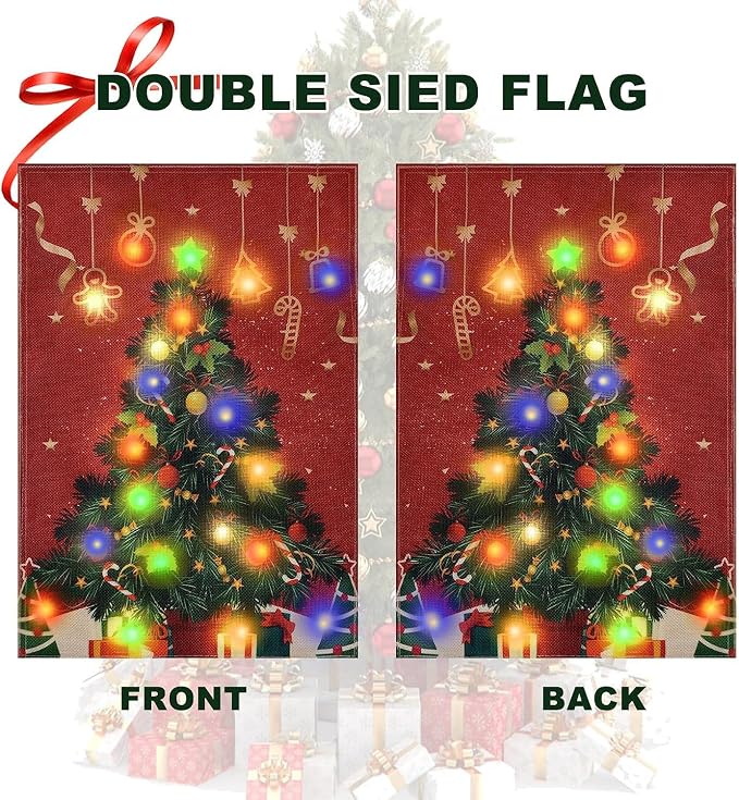 Lighted Christmas Garden Flag for Outside, Solar LED Xmas Tree Flag Decoration, 12x18 Double Sided Outdoor Yard Lawn Decor