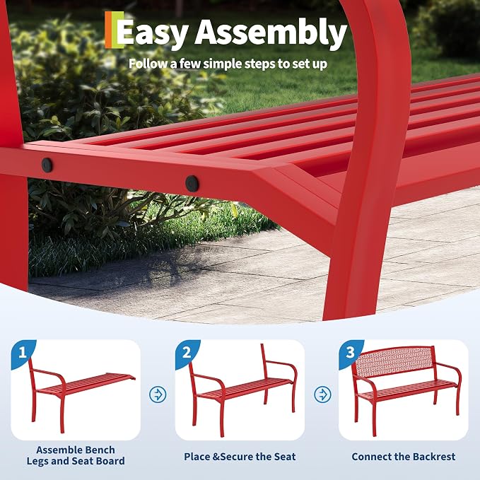 50" Outdoor Metal Garden Bench, Patio Steel Bench with Curved Backrest, Decorative Pattern, Weather-Resistant Porch Bench for Yard, Park, Deck, Backyard