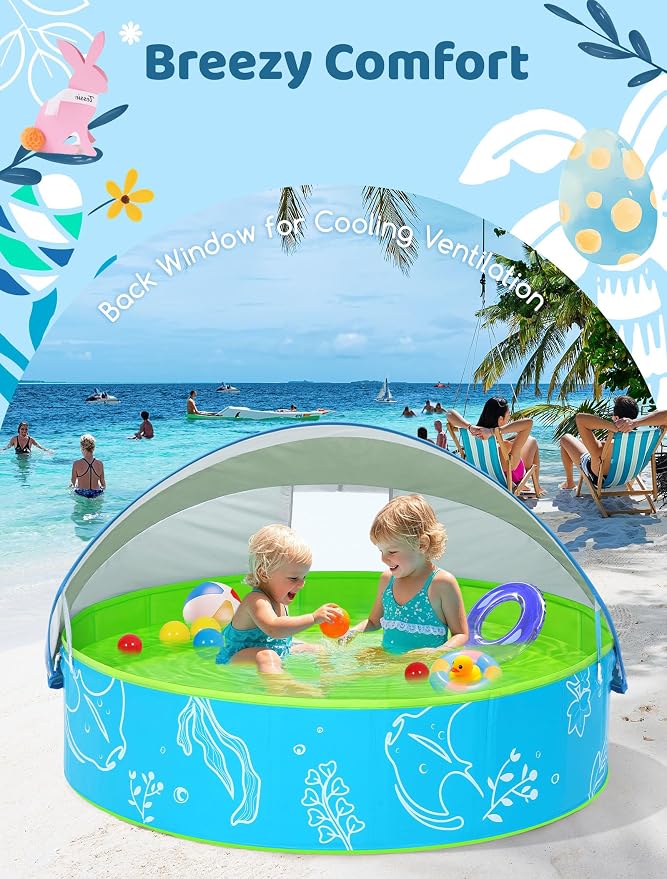 Hikiddy Foldable Kiddie Pool with Canopy, 47in, Blue-Green | for Baby Toddler Kids Pets - Summer Water Play Pool with Removable Shade - Portable for Outdoor Backyard Beach