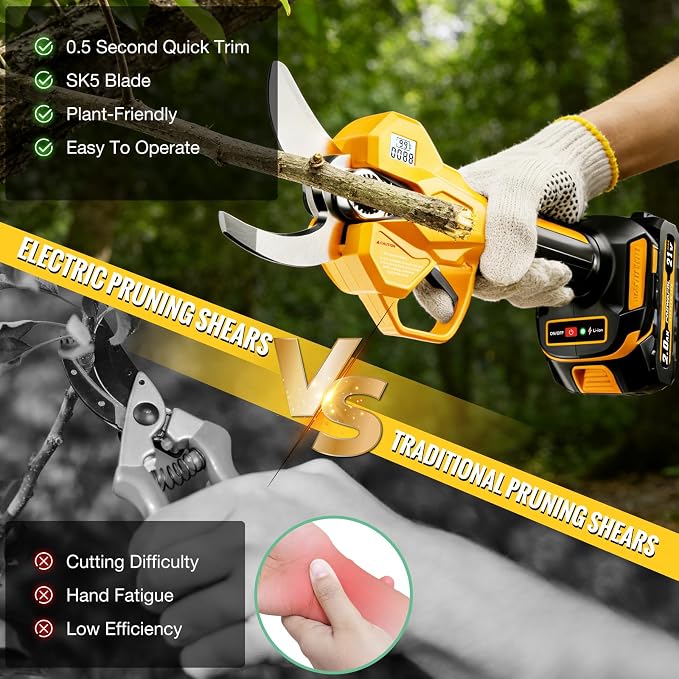 2.05"/ 56mm Electric Pruning Shears, Cordless Electric Scissors LCD Display＆SK7 Blades, 21V Brushless Motor Branch Cutter with 2 PCS Rechargeable 2000mAh Batteries & 2 Blades (Yellow)