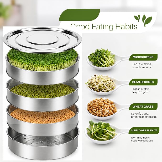 Stainless Steel Sprouting Tray 7,9'' - Round 4-Tier Seed Gardening Planter for Microgreens Broccoli Sprouts Growing Kit Microgreens Tray Germination