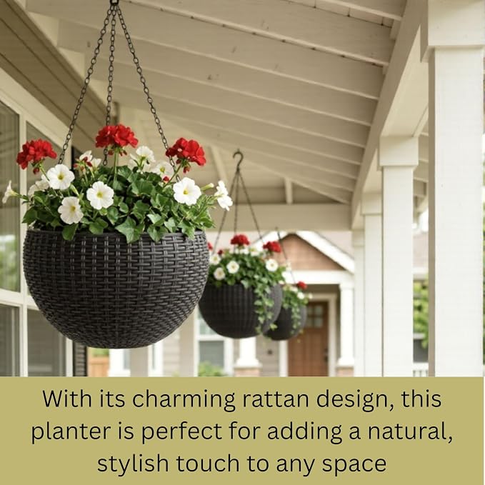 LaLaGreen Hanging Planters for Indoor Plants (11 Inch, 3 Pack) Self-Watering Round Rattan Style Hanging Flower Pots with Water Level Indicator, Black Metal Chain Baskets for Porch Garden Balcony Decor