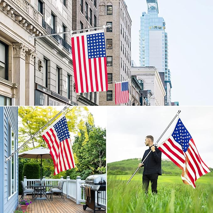 ZMTECH 2 Pcs 6FT Flag Pole for Outside House with Solar Light, 180° Adjustable Flag Holder, Tangle Free Stainless Steel Flag Pole for Outside House, Silver (No Flag Included)