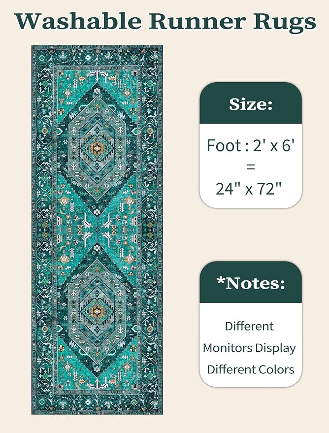 SERISSA 2x6 Washable Non Slip Boho Runner Rug for Hallway，Teal | Ultra Soft Vintage Oriental Carpet Low-Pile Distressed Tribal Floor Carpet for Kitchen Bedroom Bathroom Laundry Living Room