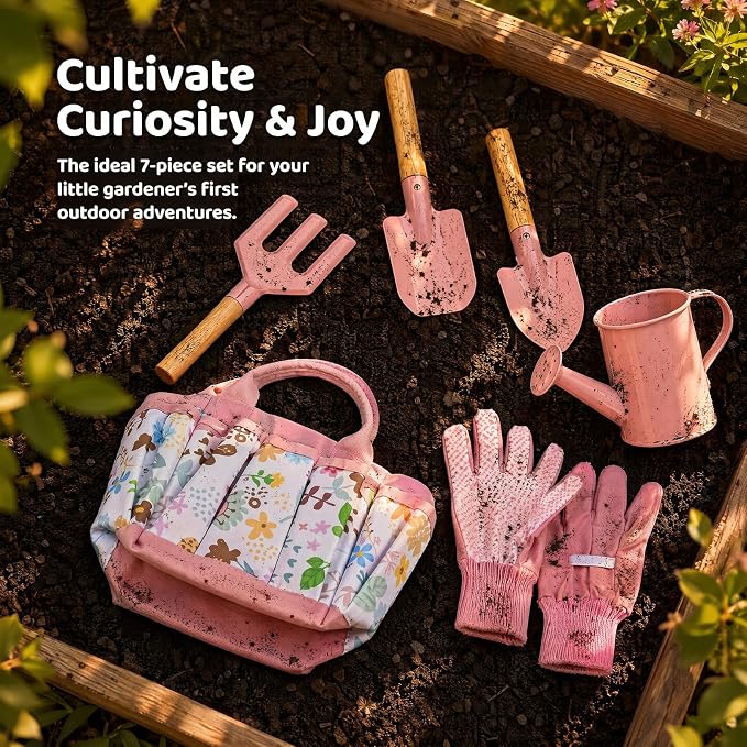 Ecolley Kids Gardening Tool Set Toys - 7 Pieces Quality Garden Kit for Toddlers & Kids with Shovels, Rake, Watering Can, Apron, Gloves & Storage Bag (Pink Flower)