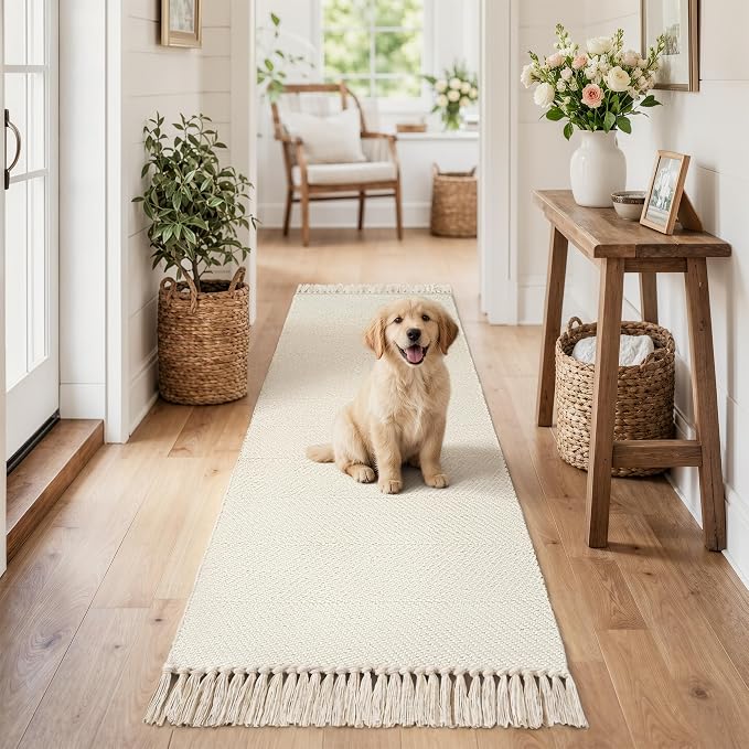 2' x 6' Kitchen Runner Rug, Modern Farmhouse Washable Bathroom Mat | Boho Hand-Woven Hallway Runner Rugs, White Reversible Bedroom Rug, Soft Braided Carpet for Laundry Entryway Bedside Decor