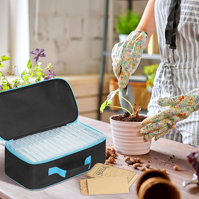 15 Slots Seed Storage Organizer Box with 20 Seed Envelopes, Large Capacity Seeds Storage Container with Zipper Bag Label Stickers, Seeds Saving Container for Garden Vegetable and Flower (Blue)