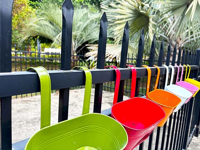 12" Balcony Railing Planters, Outdoor Hanging Planter for Fence, Stylish Metal Porch Deck Flower Pot for Herbs & Succulents (11.8", Pack of 6)