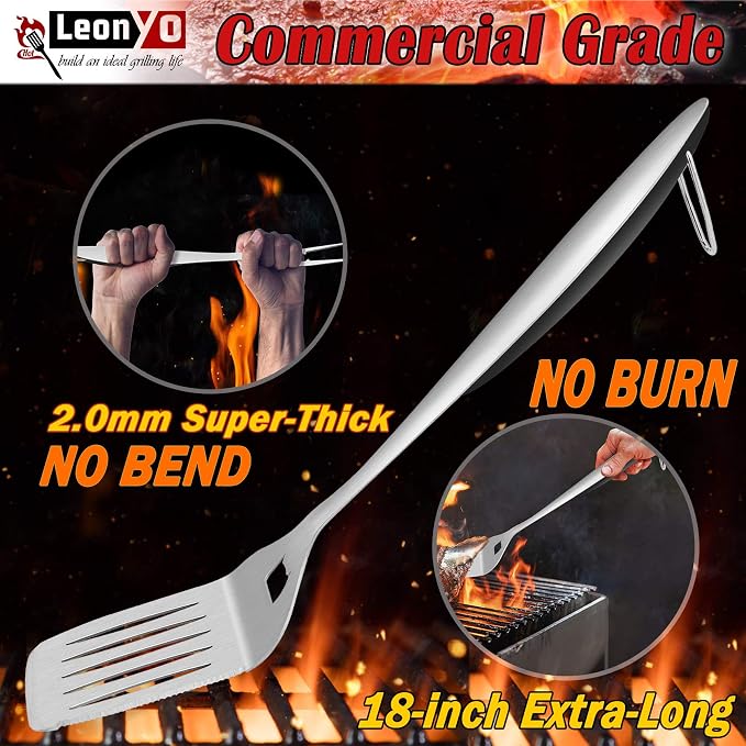 Leonyo Grill Tools Set of 6, 18Inch Extra-Long BBQ Tool Set, Heavy-Duty Barbecue Grilling Accessories, Stainless Steel Spatula, Fork, Tong, Basting Brush, Cleaning Brush, Carrying Bag