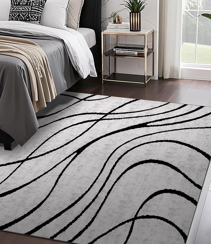 Modern Area Rugs for Bedroom,5x7 Washable Black and White Rug, Thin Abstract Geometric Minimalist Striped Rug, Black Rugs for Bedroom,Kitchen,Dining Room Office