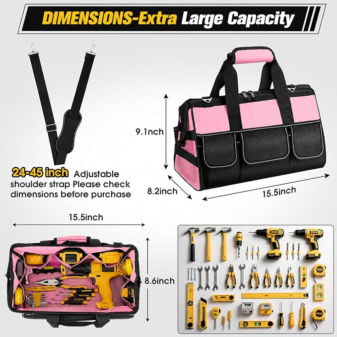 Veitorld 16-Inch Tool Bag Tool Box Organizer, Heavy Duty Tool Organizer with 19 Pockets, Wide Mouth Design for Easy Access, Portable Tool Tote Gift for Women and Men, Garage, Workshop, Pink