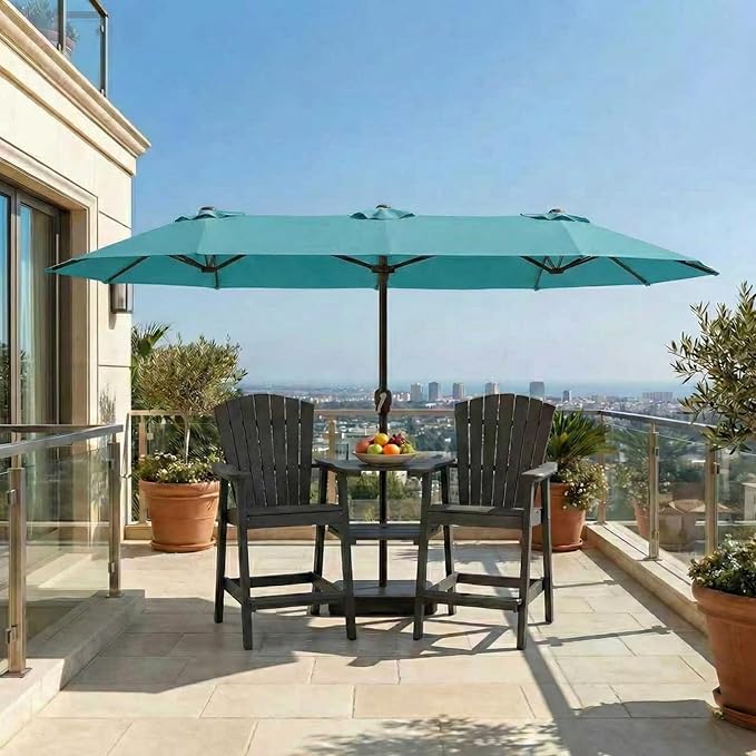 15FT Large Patio Umbrella with Base Included, Double Sided Outdoor Market Umbrella with Flexible Fiberglass Ribs, UV-Blocking Extra Large Umbrella for Garden, Pool, Deck, Sky Blue