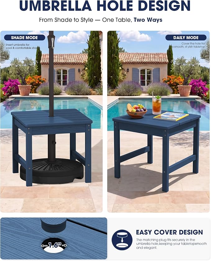 KINGYES Double Side Table with 1.6'' Umbrella Hole, HDPE Adirondack End Table- Blue