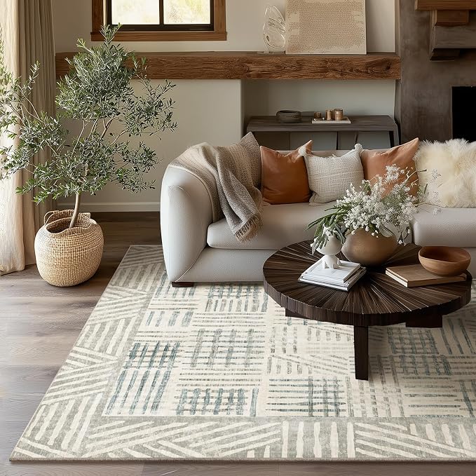 Area Rug 6x9 Abstract Geometric Textured Brushstroke - Neutral Gray & Light Blue Modern Minimalist Area Rug, Decorative Carpet for Living Room Bedroom Home Decor