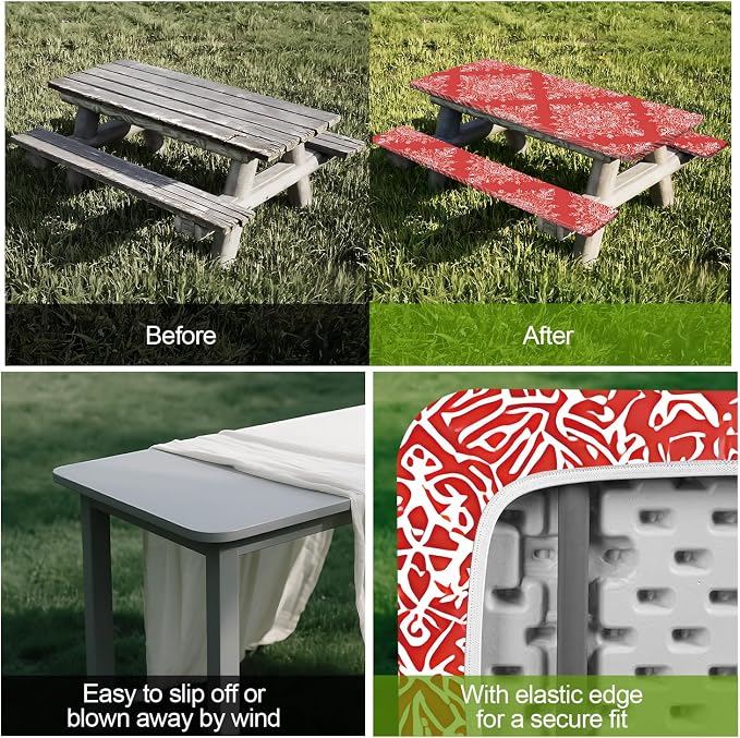 Picnic Table Cover with Bench Covers Set of 3 - Red Ethnic Symmetrical Bohemian Medallion Pattern, Elastic Fitted Tablecloth for 6 Ft Tables, Washable Polyester Cover for Patio, Indoor & Outdoor